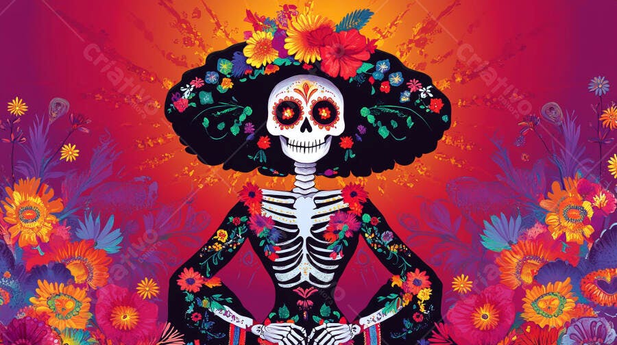 Calavera feminina colorida com flores vibrantes para celebração do Dia dos Mortos
