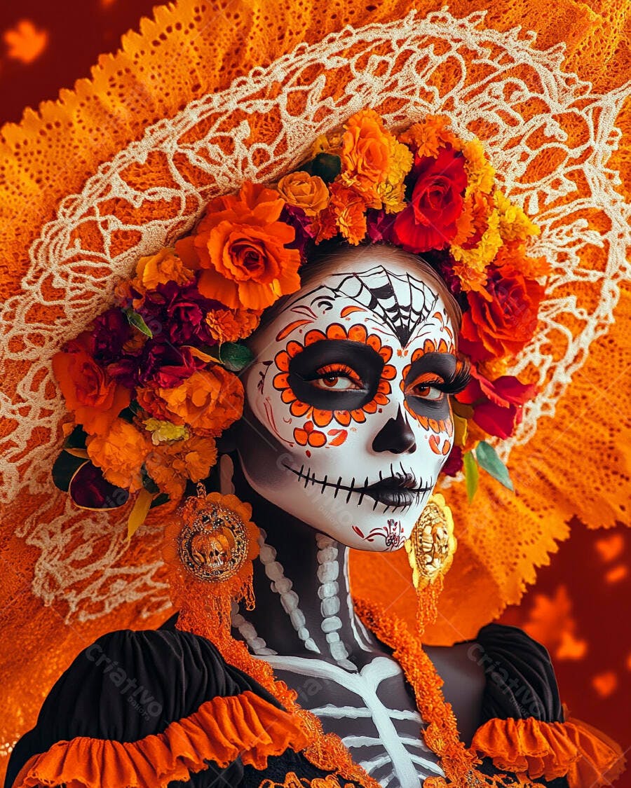 Catrina mulher com maquiagem tradicional e arranjo de flores Dia de Muertos