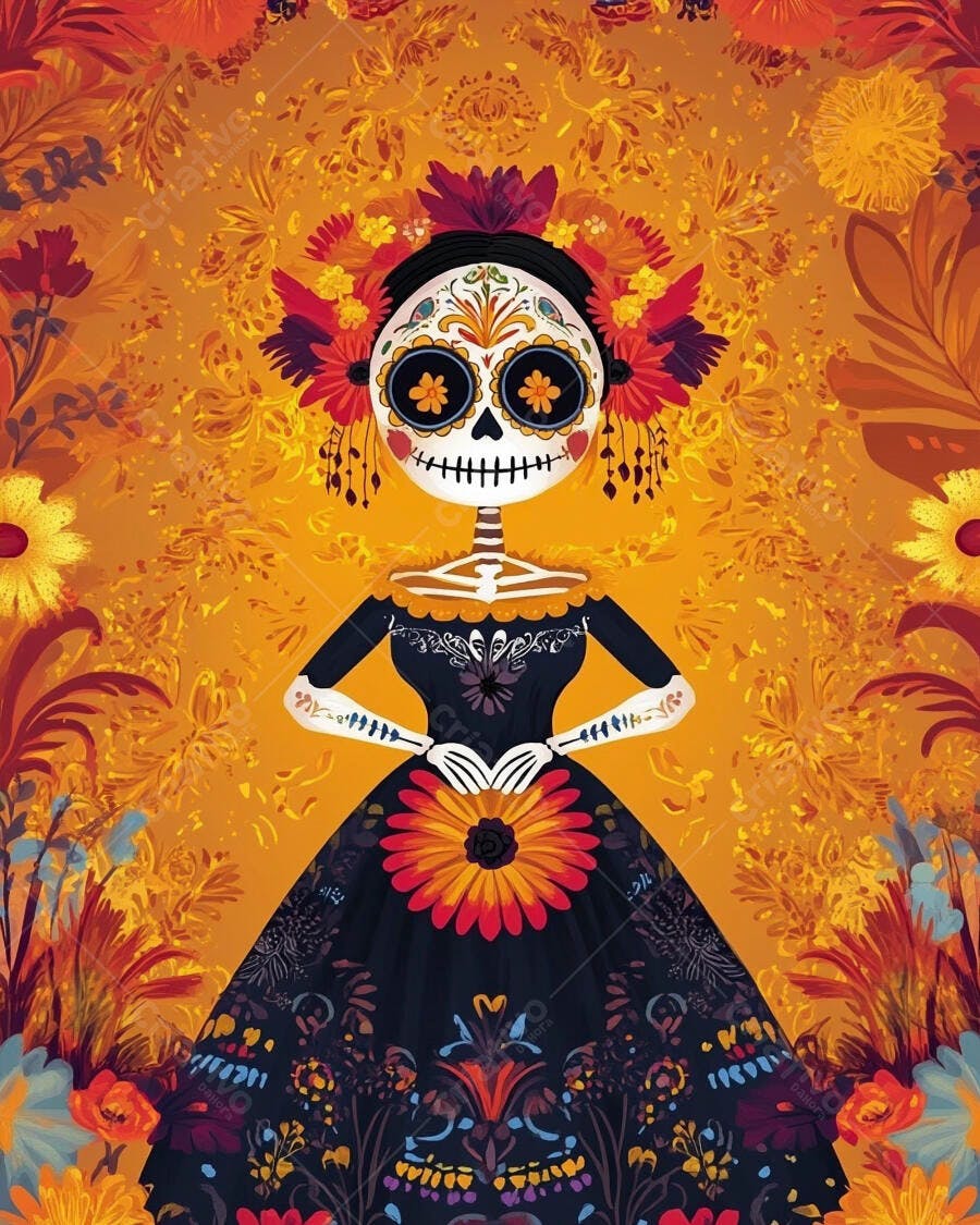 Calavera Catrina colorida arte Dia dos Mortos fundo floral dourado