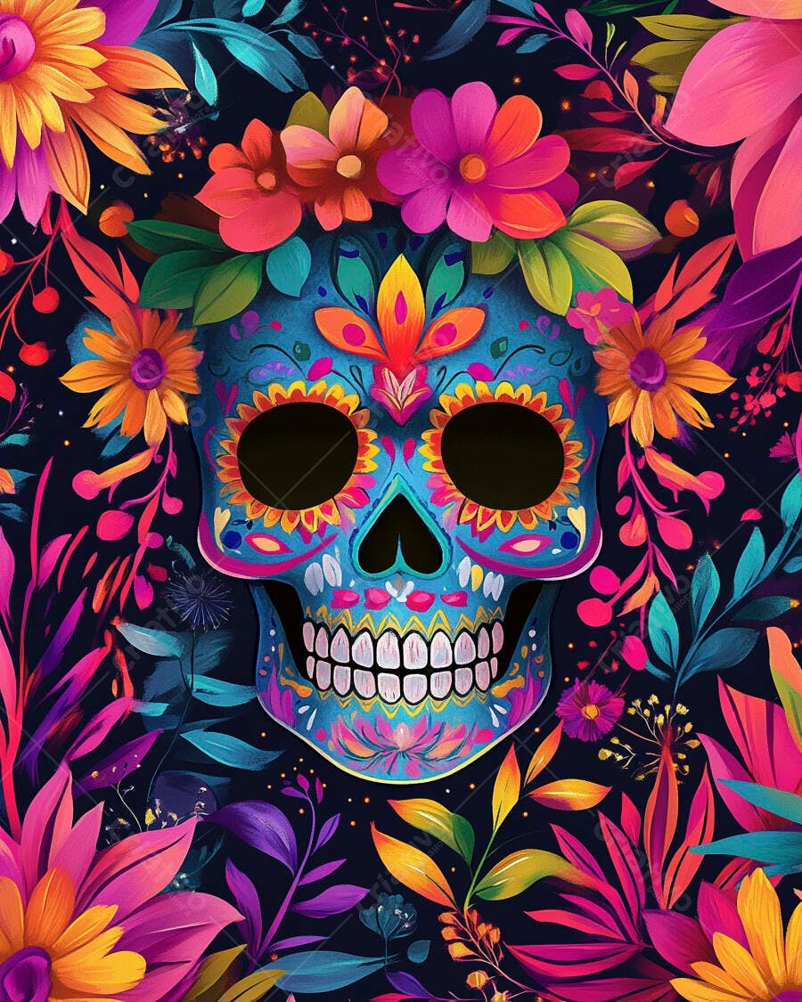Caveira mexicana decorada rodeada por flores vibrantes para o Dia dos Mortos