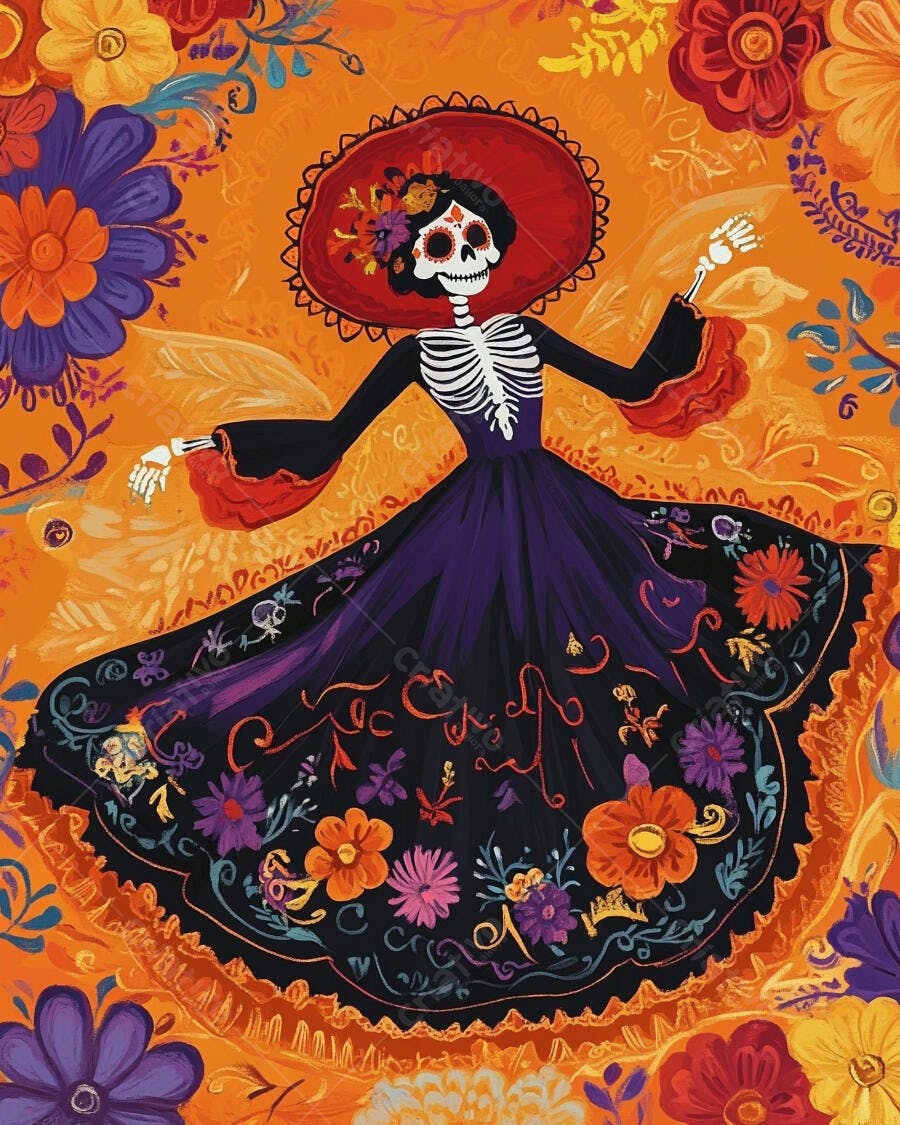 Ilustração Catrina esqueleto festiva com chapéu vermelho e vestido floral Dia de Muertos
