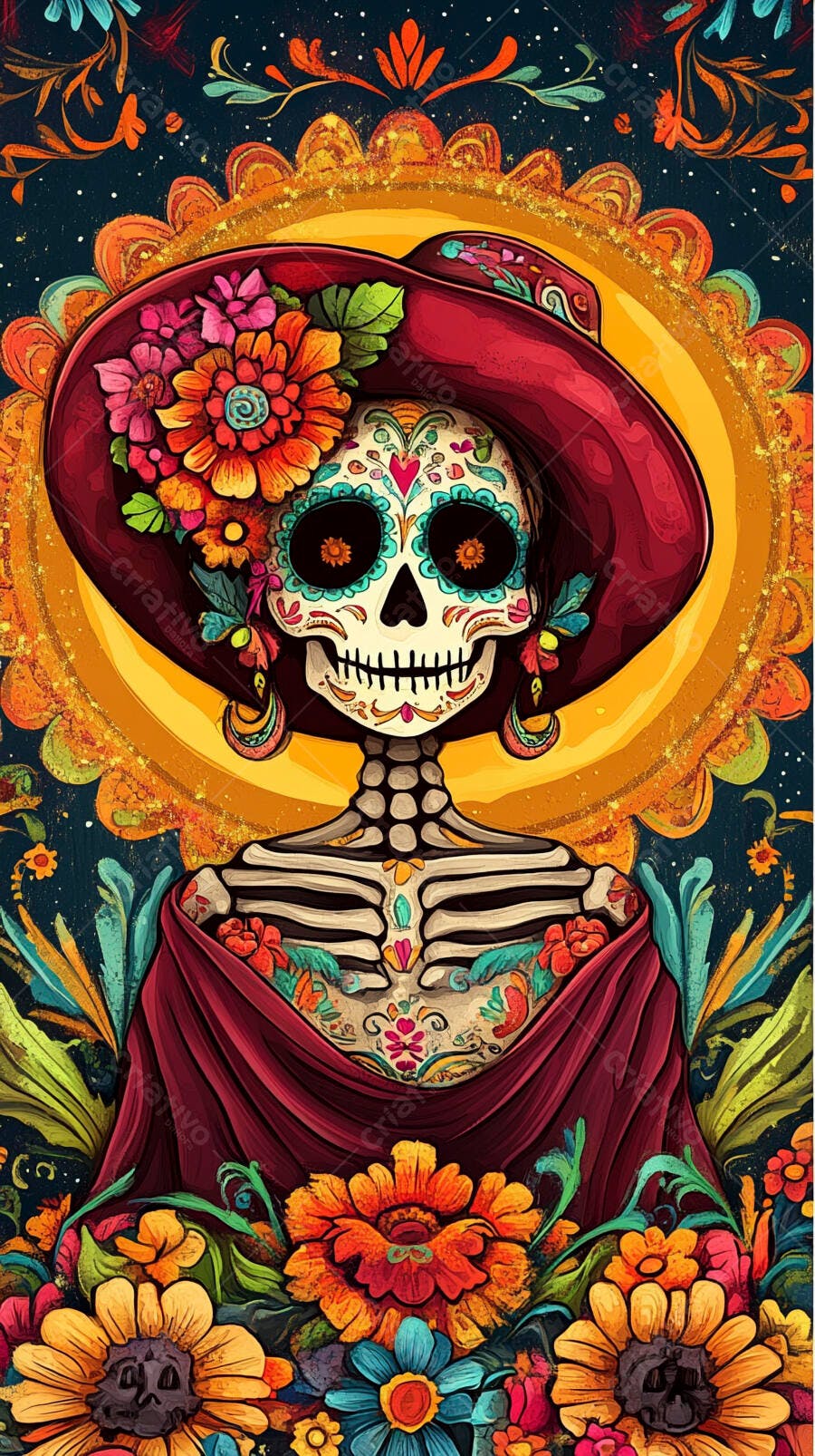 Catrina esqueleto vibrante com chapéu vermelho e flores coloridas Dia dos Mortos