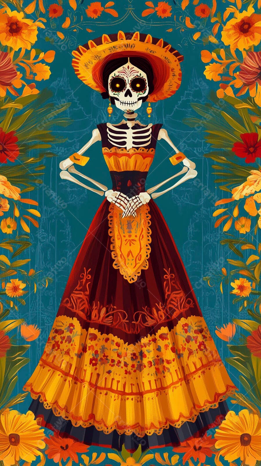 Catrina elegante com vestido colorido e chapéu floral para Dia de Muertos