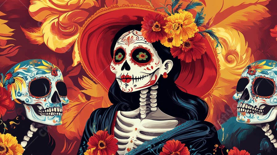Catrina mexicana com chapéu e flores vibrantes celebra Dia de los Muertos