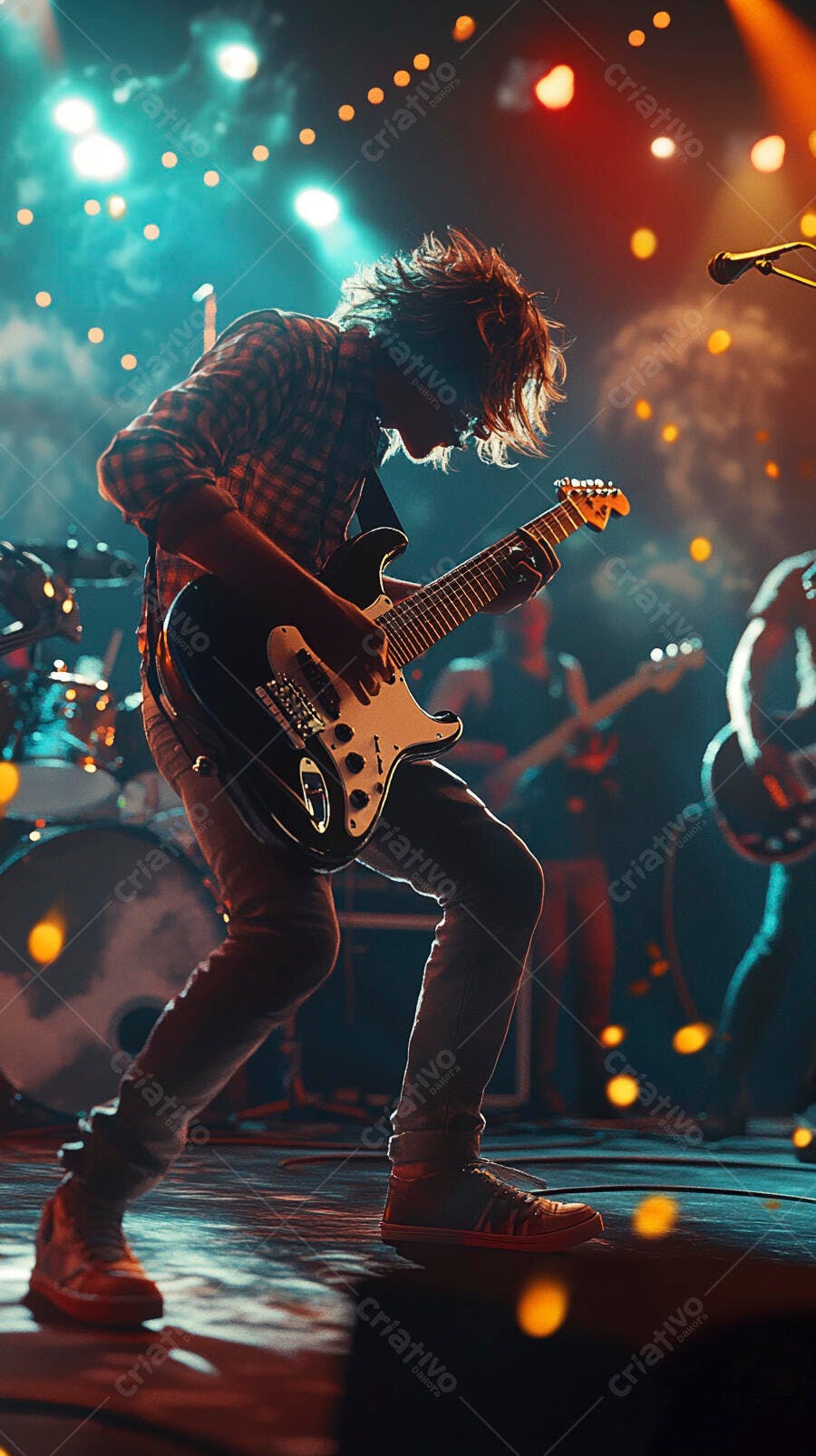 Guitarrista homem de cabelo bagunçado tocando guitarra elétrica no palco com luzes azuis e laranjas