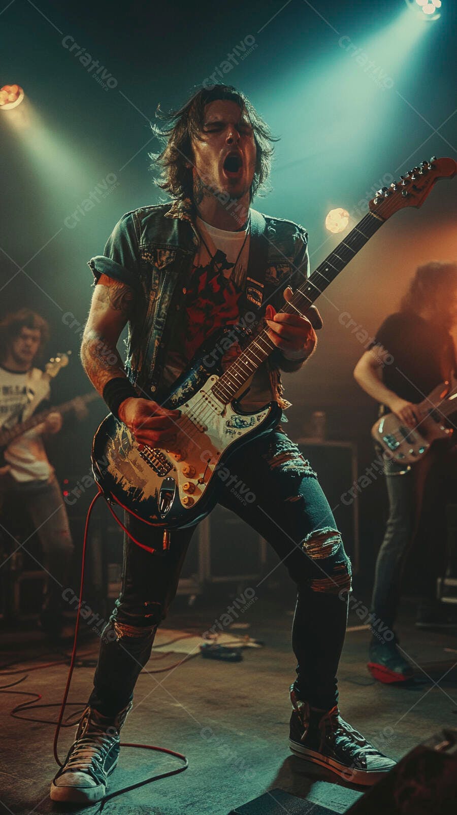 Guitarrista de rock com cabelo longo tocando guitarra elétrica em show ao vivo