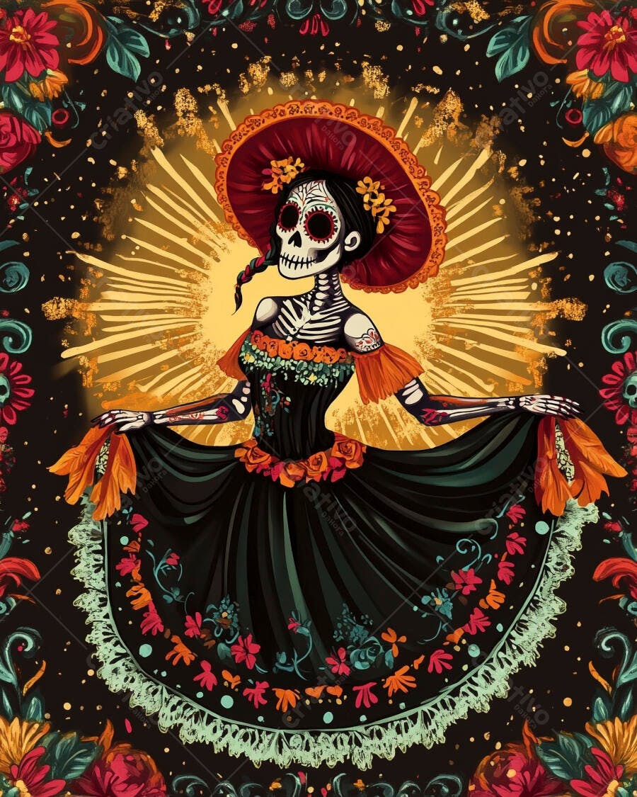 Calavera Catrina esqueleto com vestido preto floral chapéu vermelho e fundo dourado