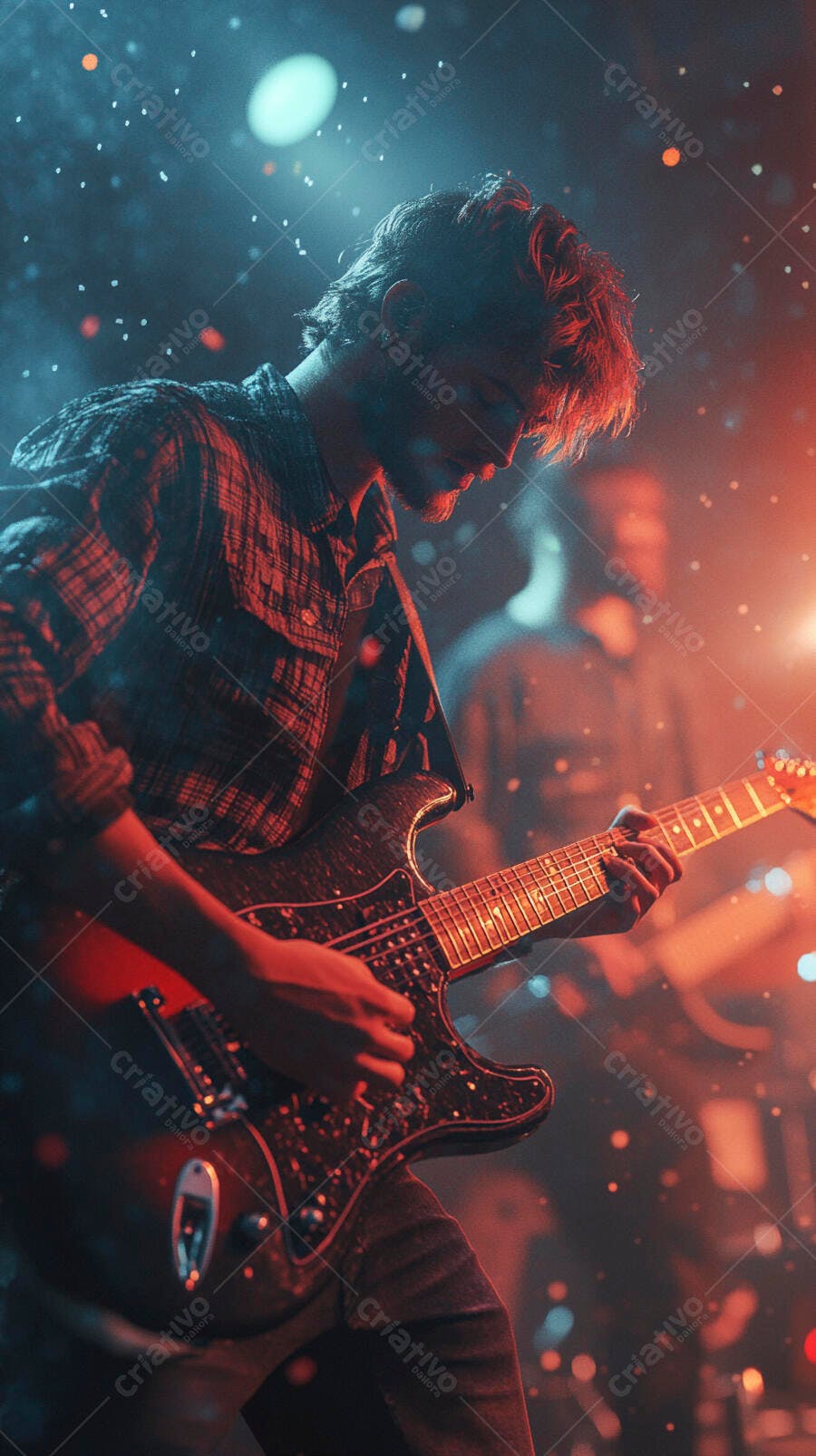 Músico homem tocando guitarra elétrica em show vibrante com luzes vermelhas