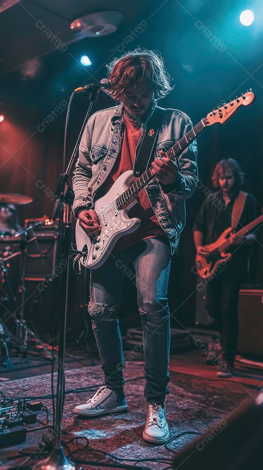 Guitarrista homem caucasiano tocando guitarra branca em show ao vivo com luzes coloridas