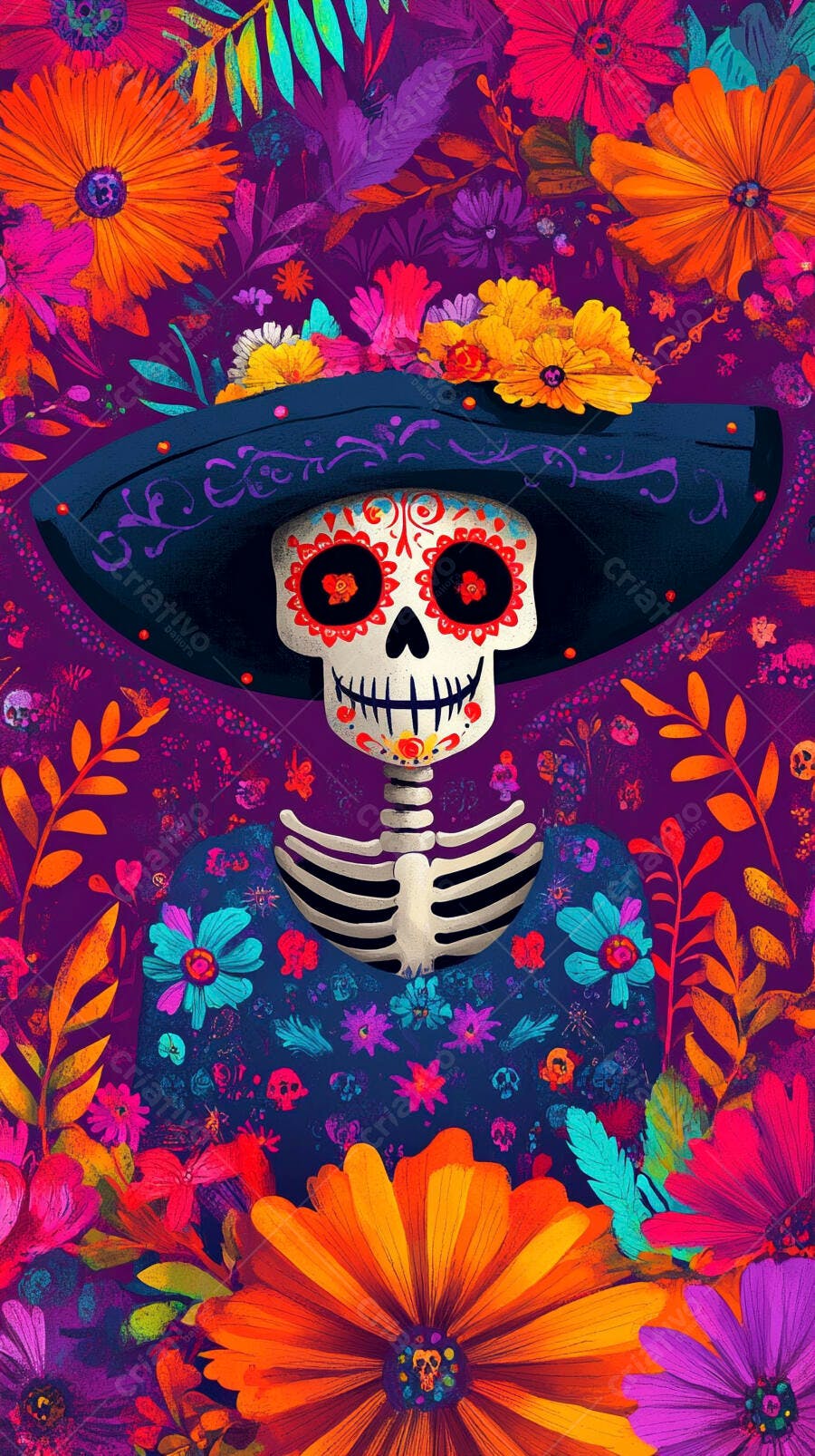 Calavera mexicana com sombrero e flores vibrantes Dia de los Muertos
