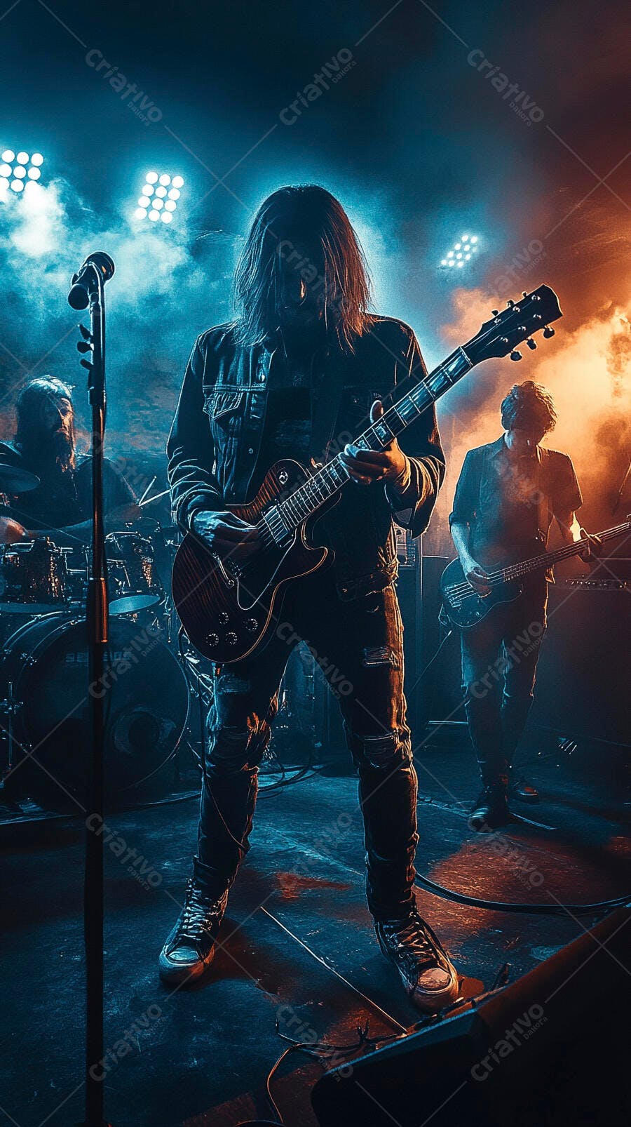 Guitarrista de rock com jaqueta jeans no palco com luzes azuis e laranjas