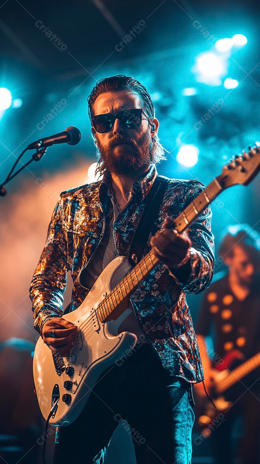 Guitarrista homem barbudo com óculos de sol tocando no palco com luzes azuis e laranjas