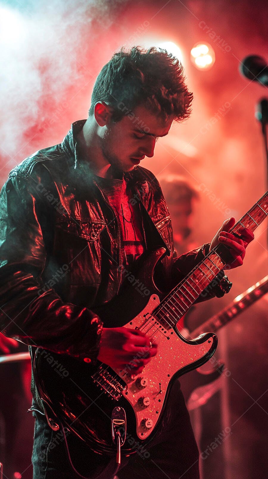 Jovem guitarrista em show de rock tocando guitarra elétrica sob luzes vermelhas