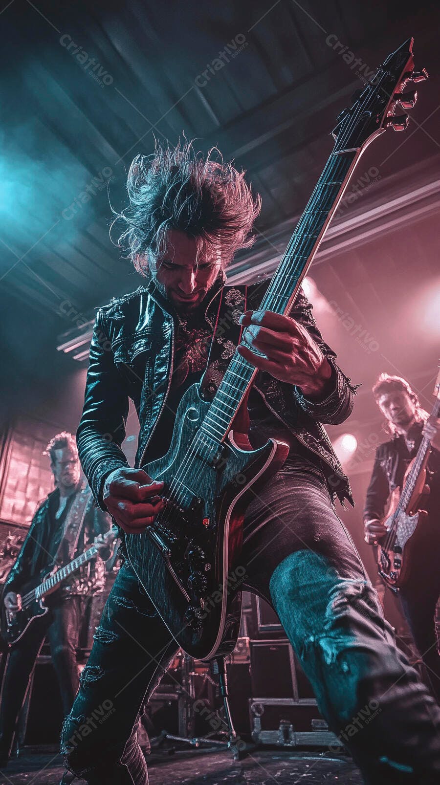 Homem guitarrista rock caucasiano tocando show ao vivo com cabelo selvagem luzes neon