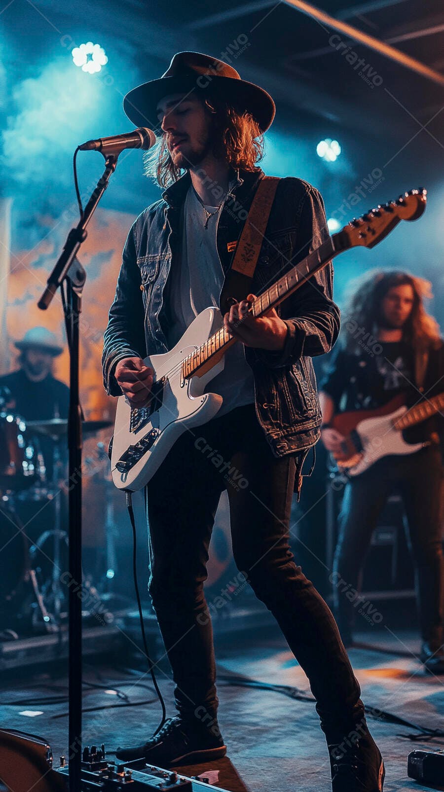 Músico guitarrista cantando ao vivo no palco com luzes azuis e jaqueta jeans
