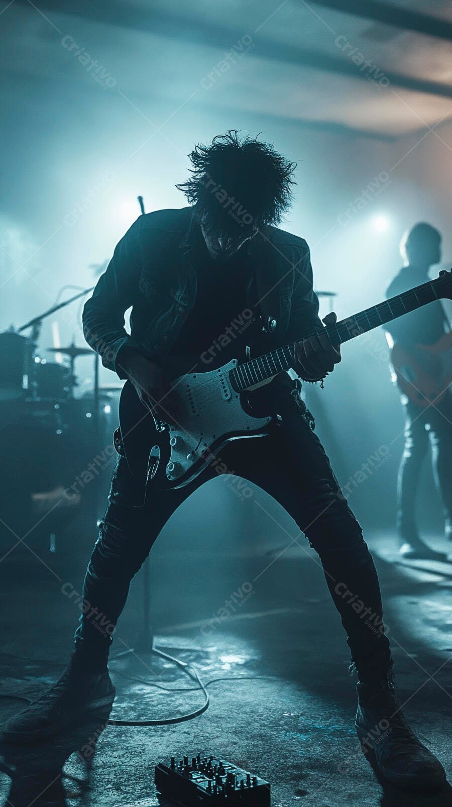 Guitarrista de rock tocando guitarra elétrica em show com luzes azuis e fumaça