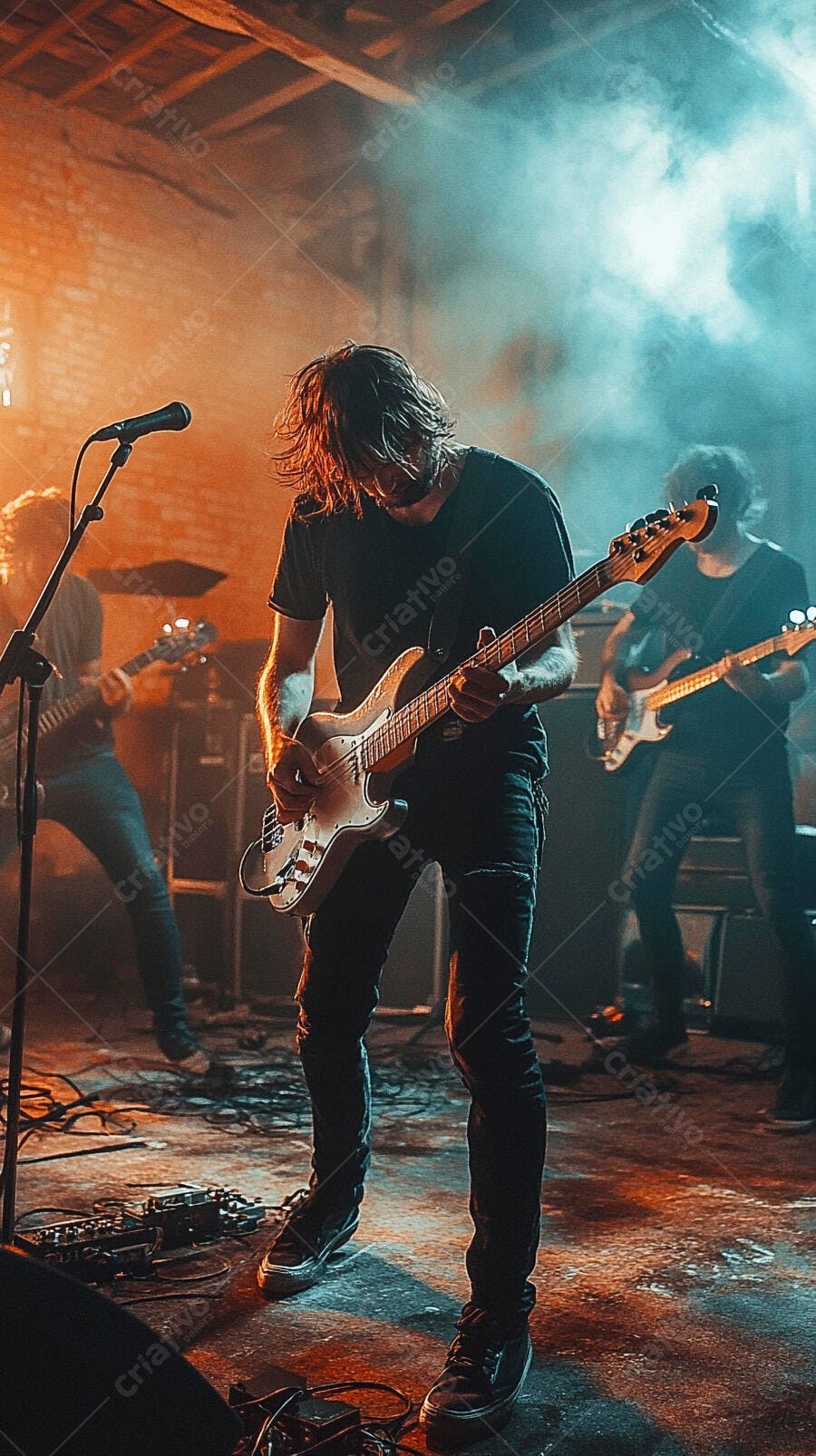 Jovem músico homem tocando baixo em show de rock com luzes vibrantes