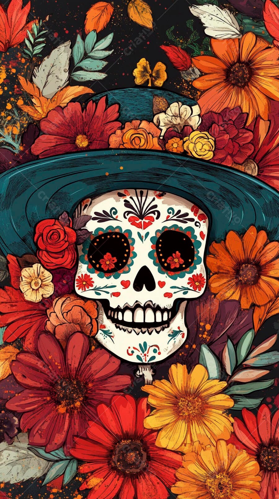 Caveira mexicana colorida com chapéu teal e flores vibrantes Dia dos Mortos