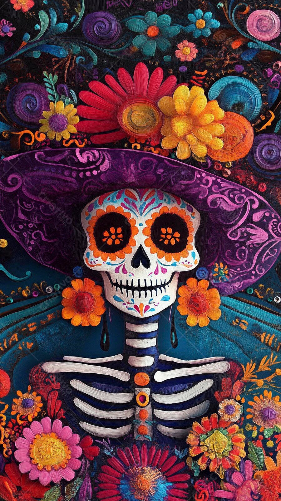 Caveira mexicana colorida com chapéu roxo e flores vibrantes Dia dos Mortos