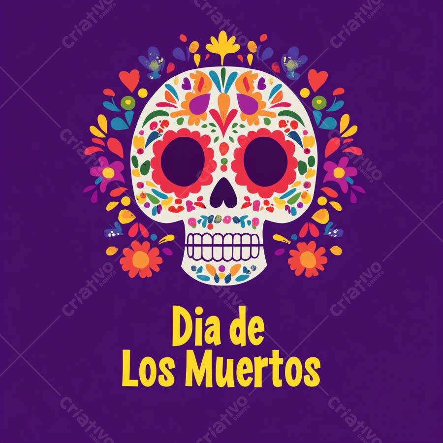 Calavera mexicana colorida Dia de Los Muertos em fundo roxo