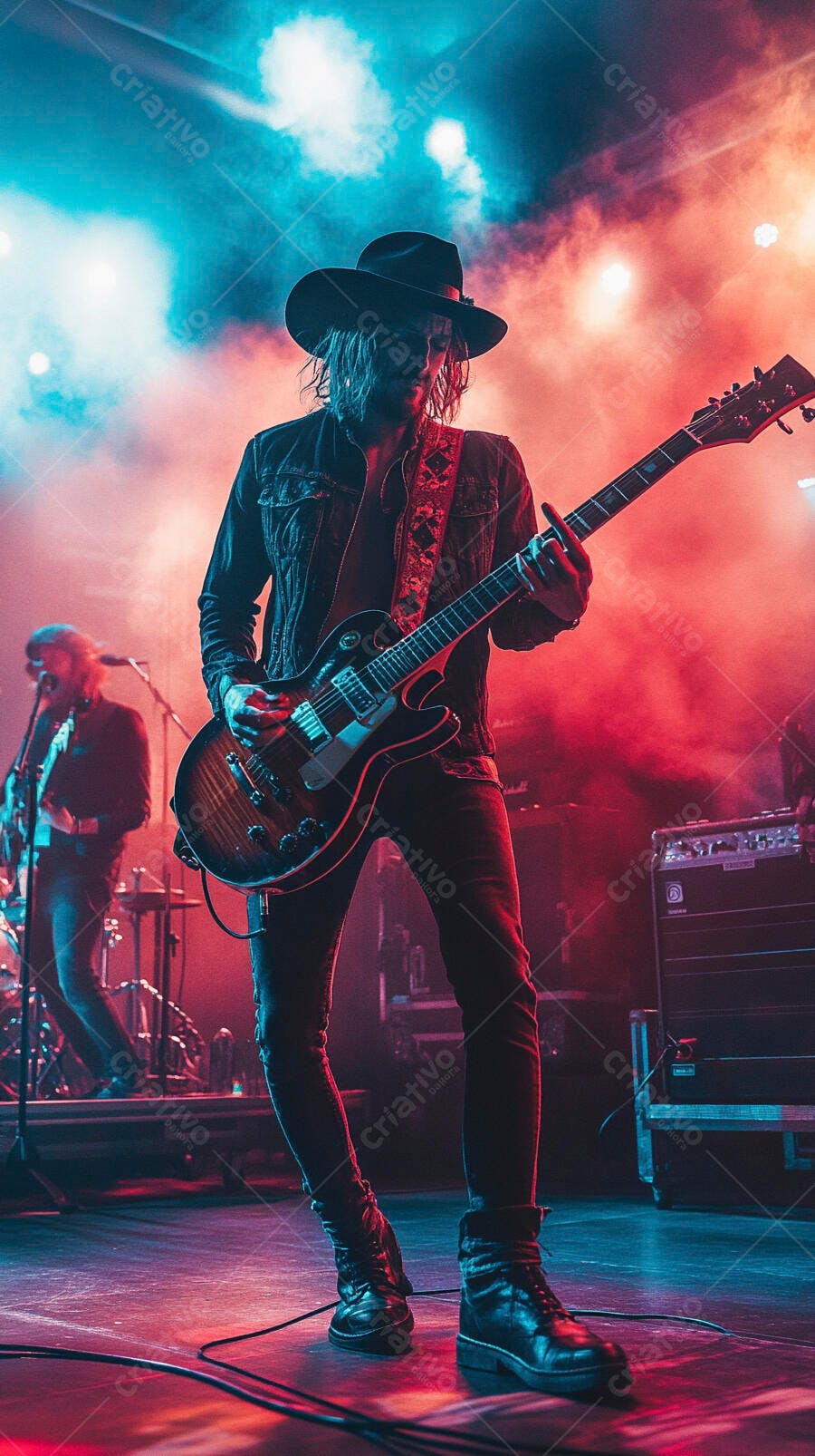 Músico homem com chapéu tocando guitarra em palco iluminado vermelho e azul
