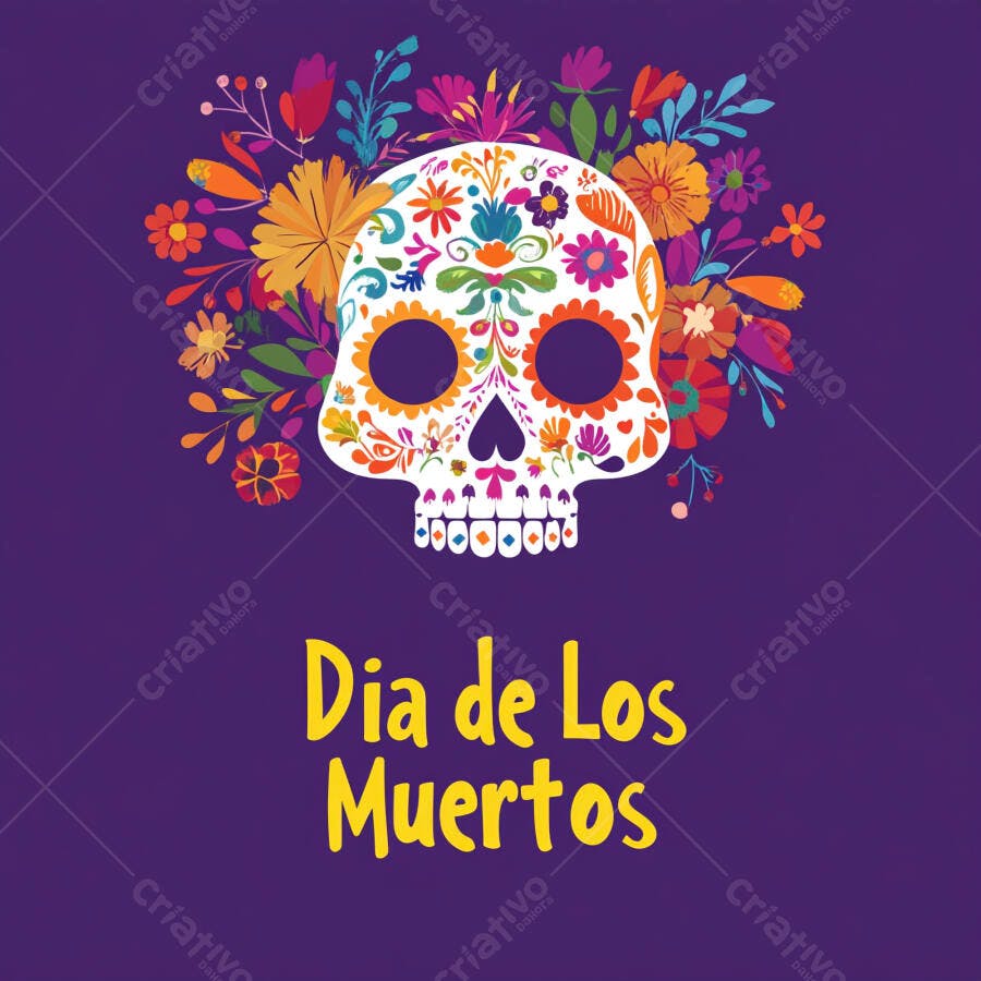 Calavera florida para celebração do Dia de Los Muertos em fundo roxo vibrante