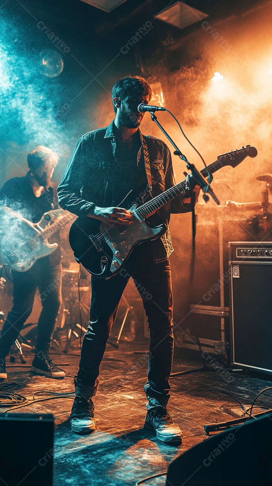 Guitarrista masculino cantando e tocando guitarra elétrica no palco com luzes laranja e azul