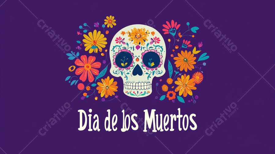 Caveira mexicana Dia de los Muertos vibrante com flores coloridas
