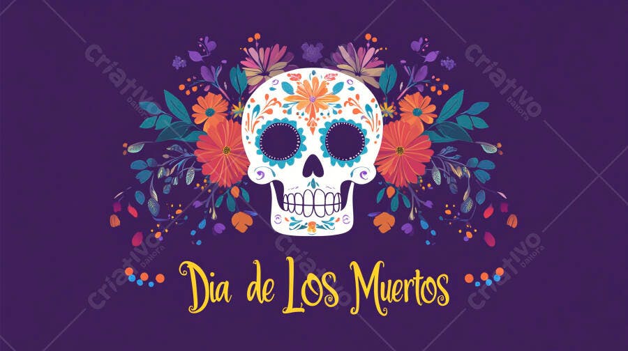 Caveira mexicana branca Dia de Los Muertos rodeada por flores vibrantes