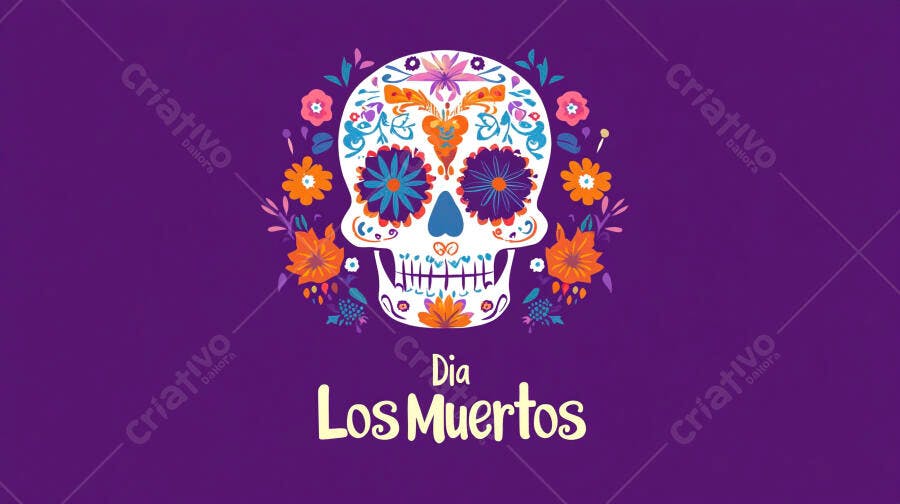 Caveira mexicana colorida decorada com flores vibrantes para Dia de Los Muertos