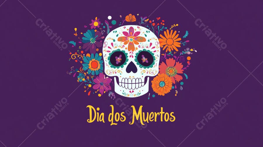 Calavera mexicana colorida com flores e texto Dia dos Mortos