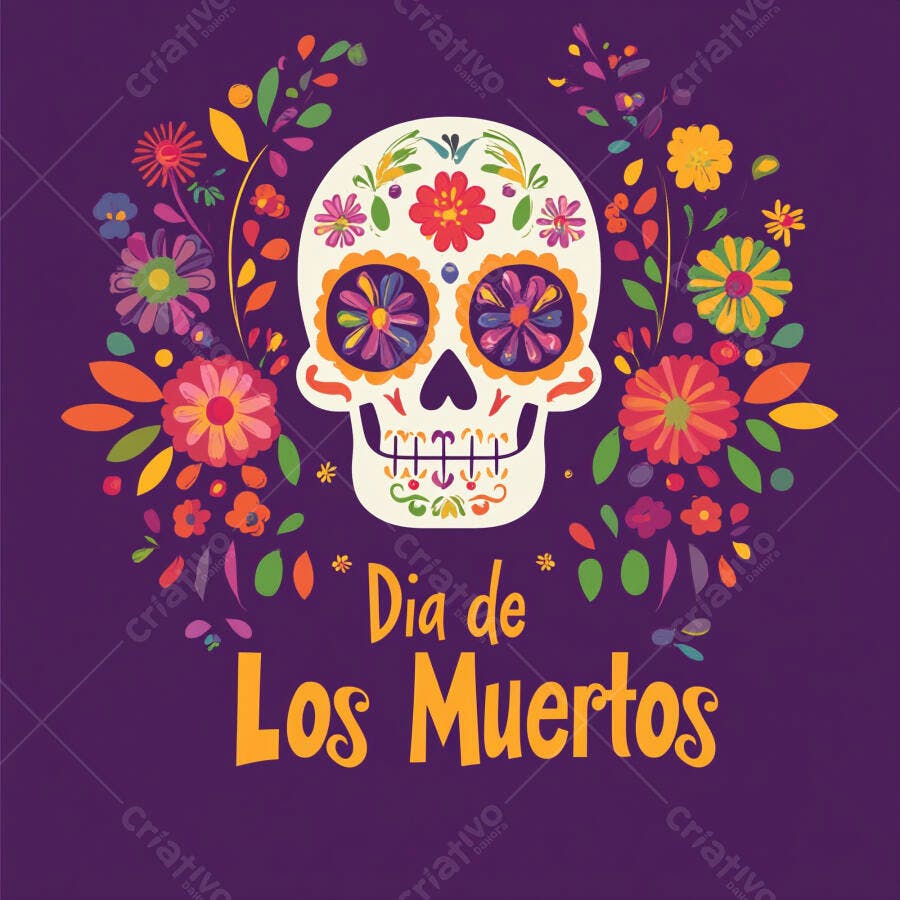 Caveira mexicana decorada com flores coloridas para Dia de Los Muertos fundo roxo vibrante