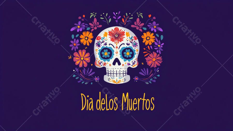 Calavera mexicana decorada com flores coloridas para o Dia dos Mortos