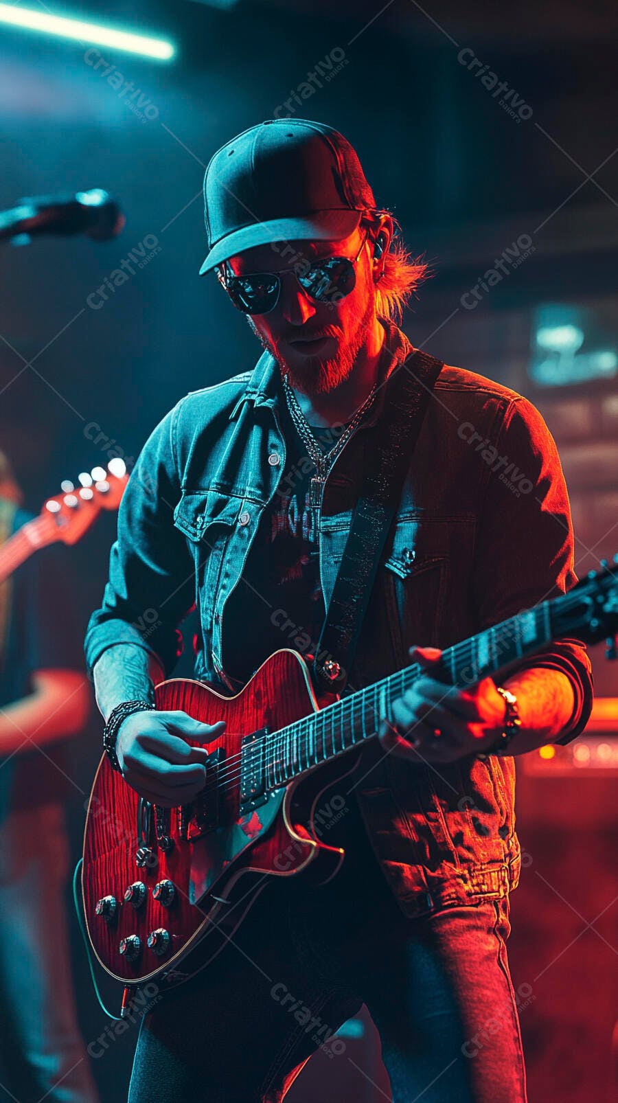 Guitarrista homem com barba em palco com luzes neon vibrantes tocando guitarra elétrica vermelha