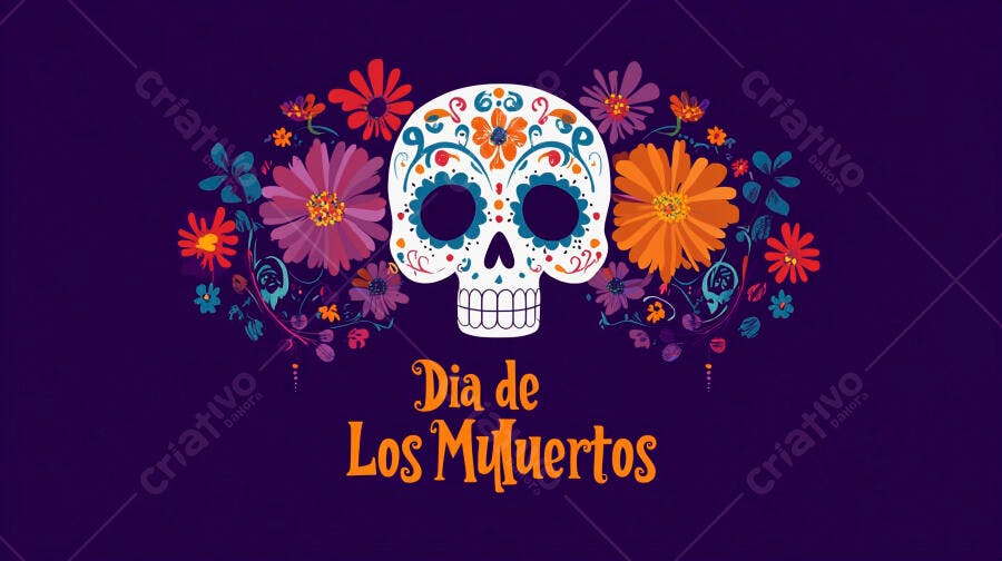 Caveira mexicana colorida com flores vibrantes para Dia de Los Muertos