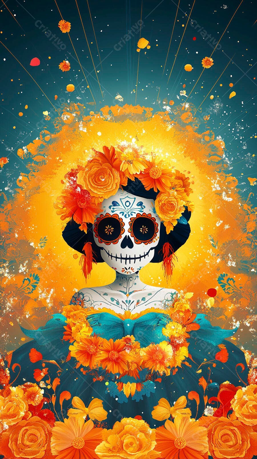 Calavera Catrina festiva com flores vibrantes para Dia dos Mortos