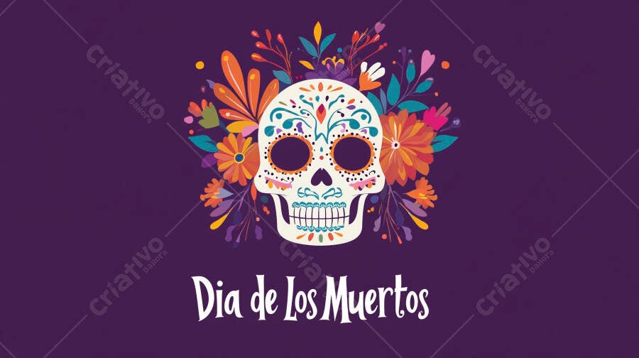 Caveira mexicana com flores vibrantes em fundo roxo para Dia de los Muertos