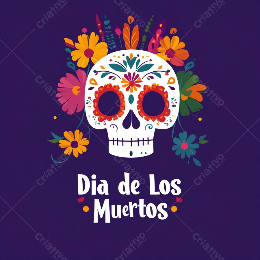 Calavera mexicana decorada para o Dia de Los Muertos com flores vibrantes