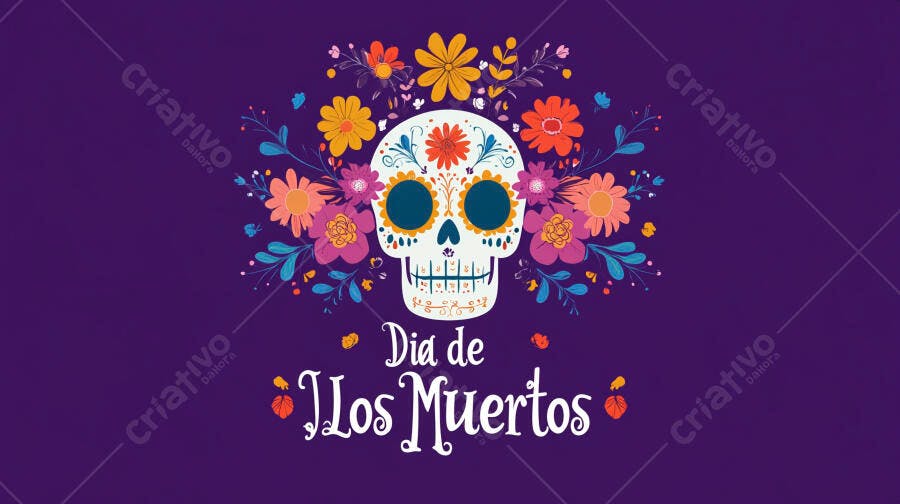 Calavera de açúcar ilustrada para o Dia de los Muertos com flores coloridas