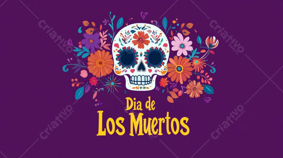 Crânio de açúcar decorado com flores coloridas Dia de Los Muertos