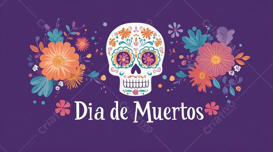 Caveira mexicana colorida e flores para o Dia de Muertos