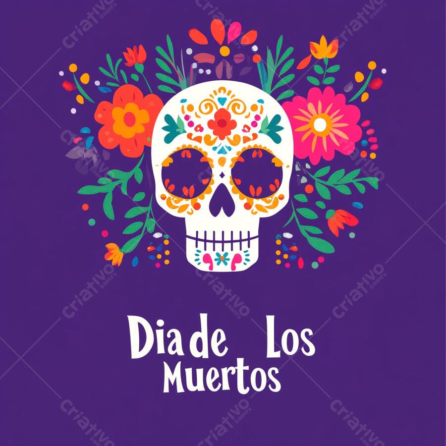Calavera de açúcar colorida com flores vibrantes e texto Dia de Los Muertos