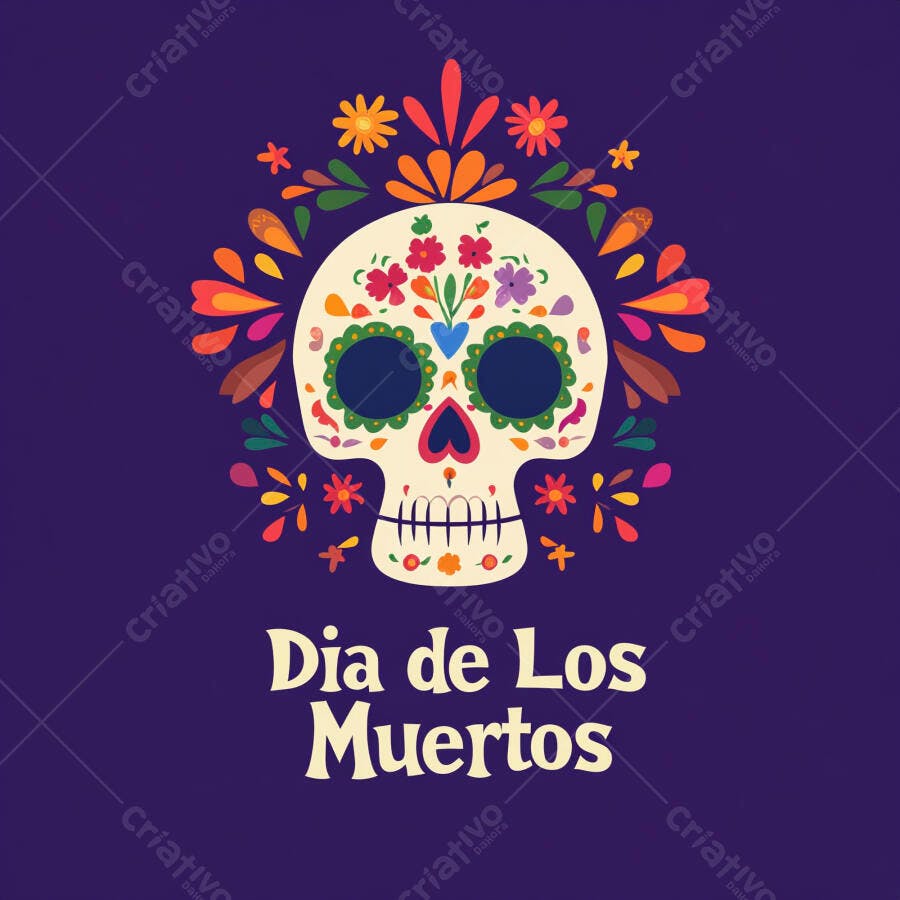 Calavera mexicana tradicional com flores vibrantes para o Dia de Los Muertos