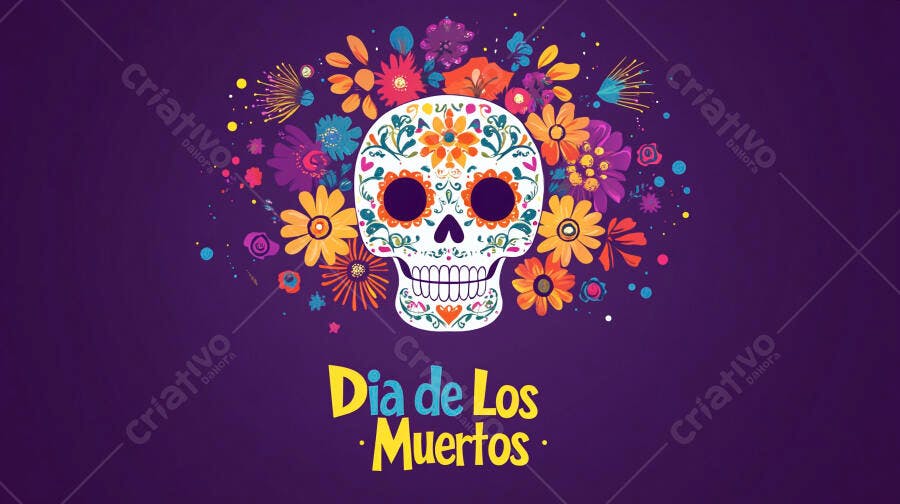 Caveira mexicana colorida com flores vibrantes para Dia de los Muertos