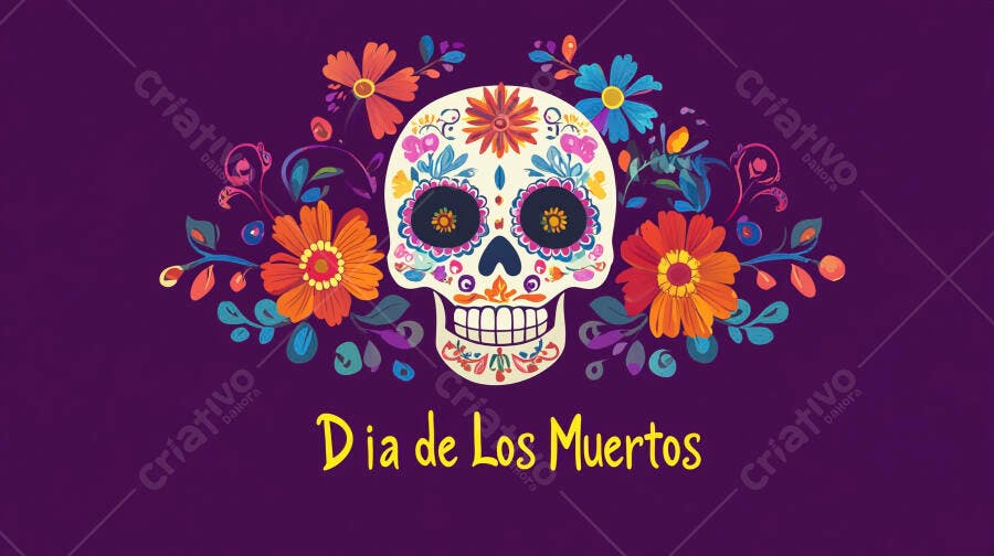 Crânio mexicano decorado com flores coloridas em fundo roxo para Dia de Los Muertos