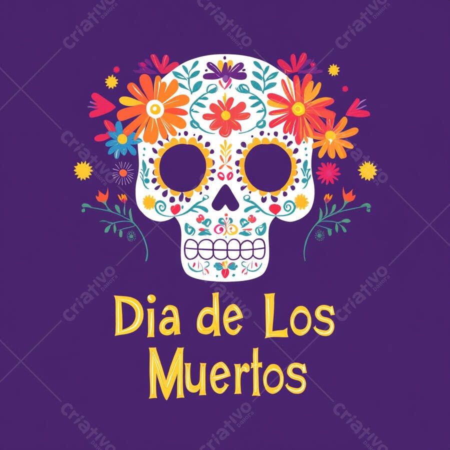 Calavera mexicana colorida com flores vibrantes para o Dia de Los Muertos