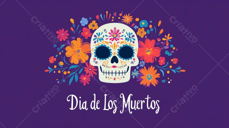 Calavera mexicana florida colorida celebra Dia de Los Muertos em fundo roxo