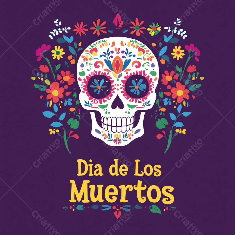 Calavera de açúcar colorida com flores vibrantes para Dia de Los Muertos