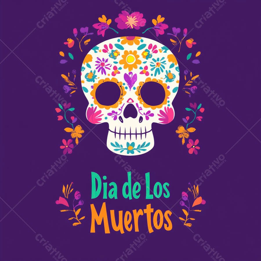 Caveira mexicana decorada com flores Dia de Los Muertos roxo vibrante