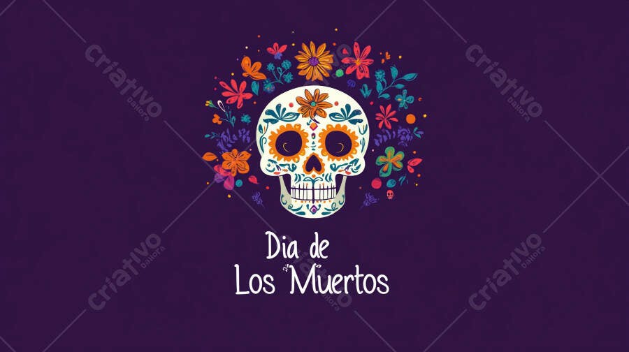 Caveira mexicana colorida do Dia de Los Muertos com flores vibrantes